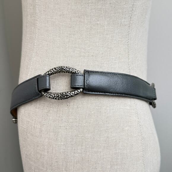 Brighton Pewter Gray Leather Belt Silver Tone Scroll Buckle Oval Concho 36 - Picture 5 of 12